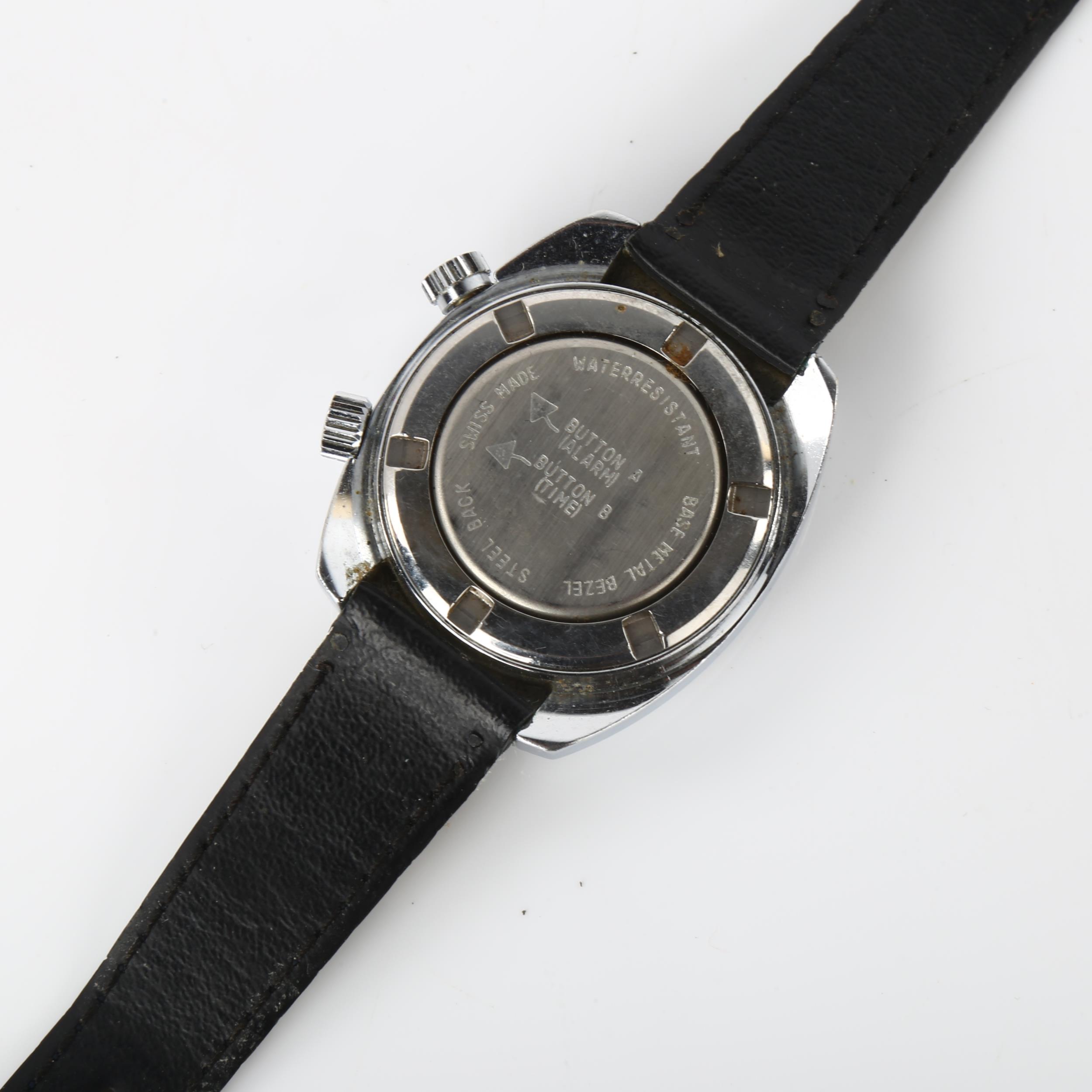 MEMOSTAR - a Vintage stainless steel alarm mechanical wristwatch, circa 1970s, oval blue dial with - Image 4 of 5