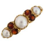 A late 20th century 9ct gold pearl and garnet half hoop ring, hallmarks London 1970, setting