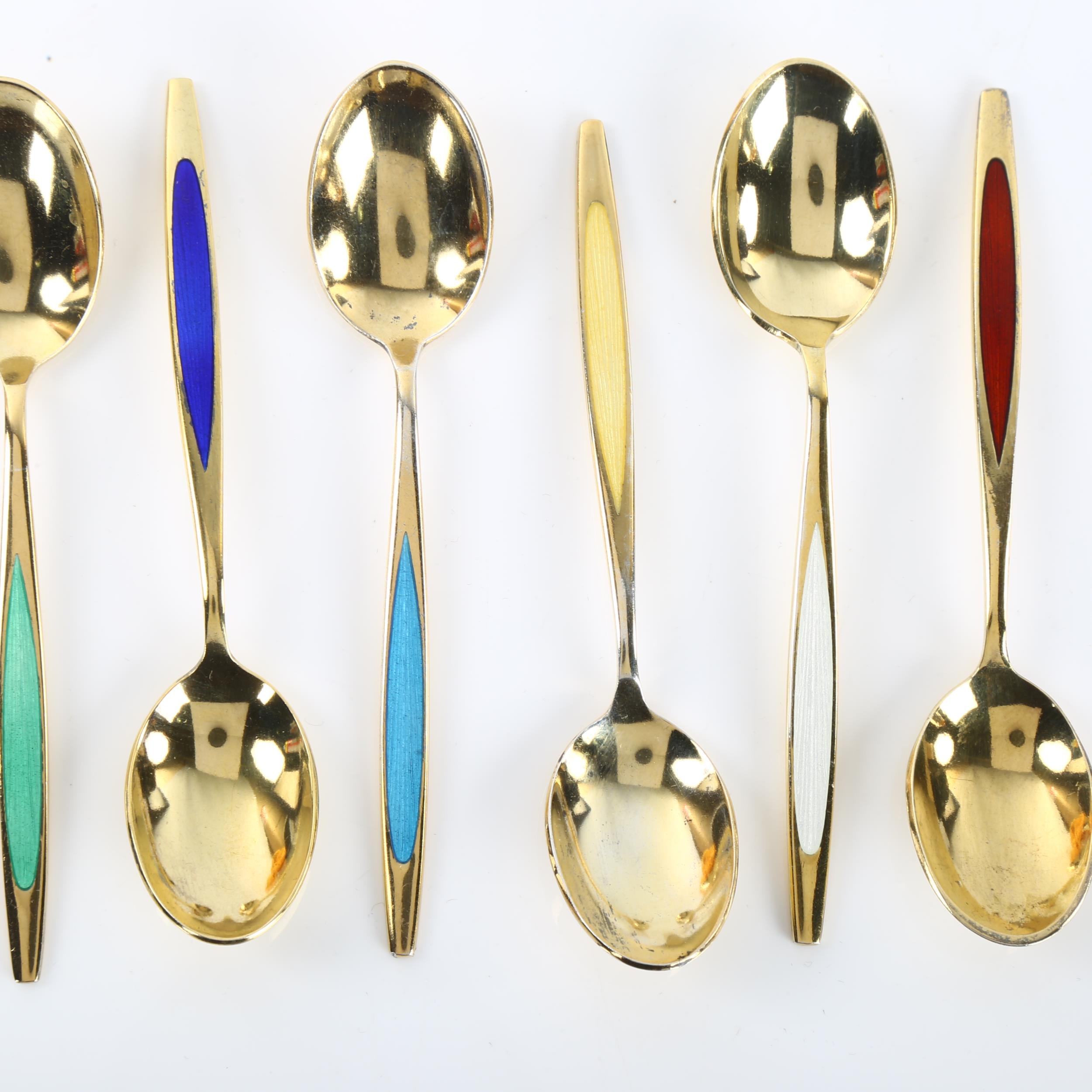 MEKA - a set of 6 Danish vermeil sterling silver and harlequin enamel coffee spoons, length 9.5cm No - Image 2 of 3