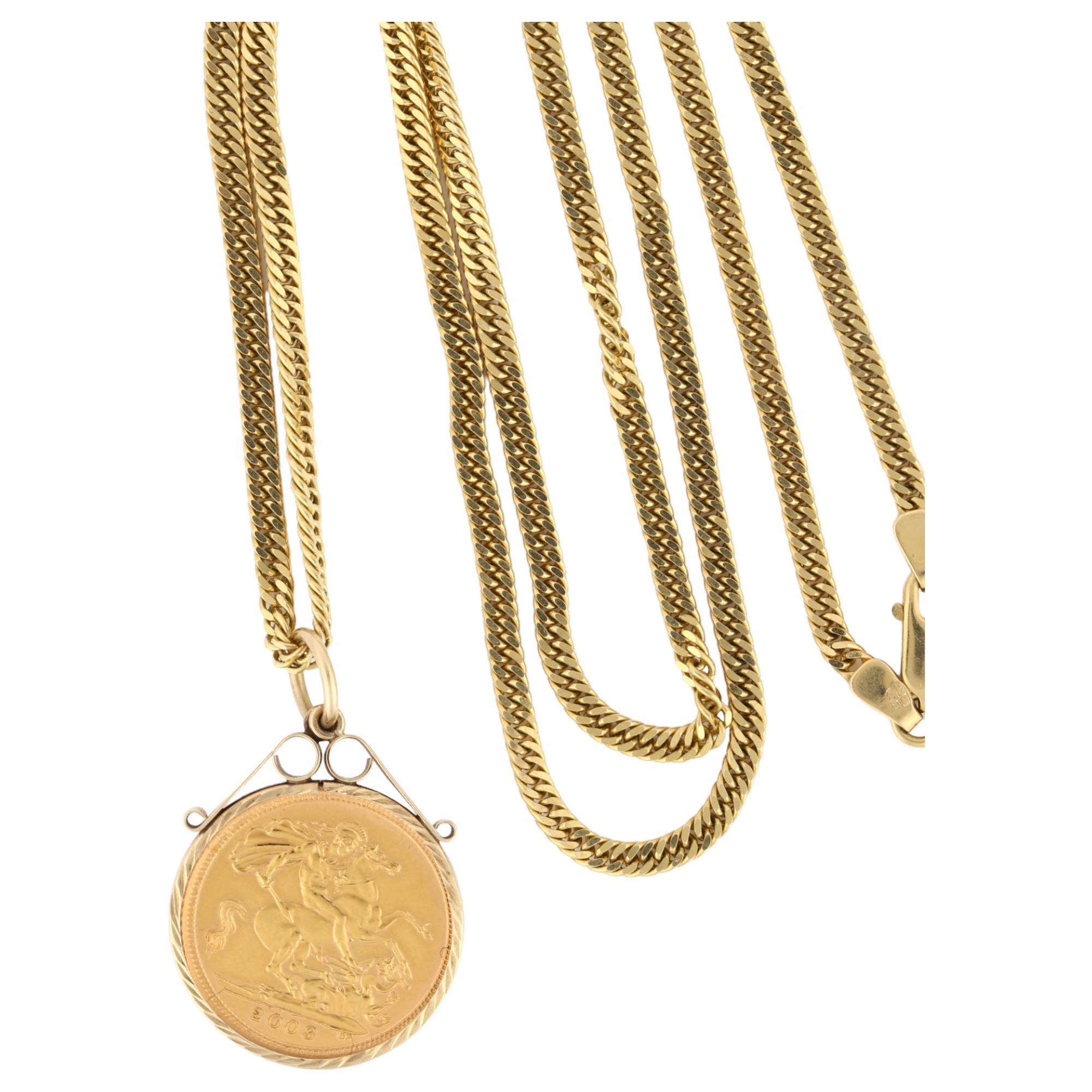 An Elizabeth II 2003 gold half sovereign coin pendant necklace, on 9ct herringbone link chain,