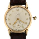 CYMA - a 9ct gold mechanical wristwatch, circa 1959, silvered dial with gilt Arabic numerals and