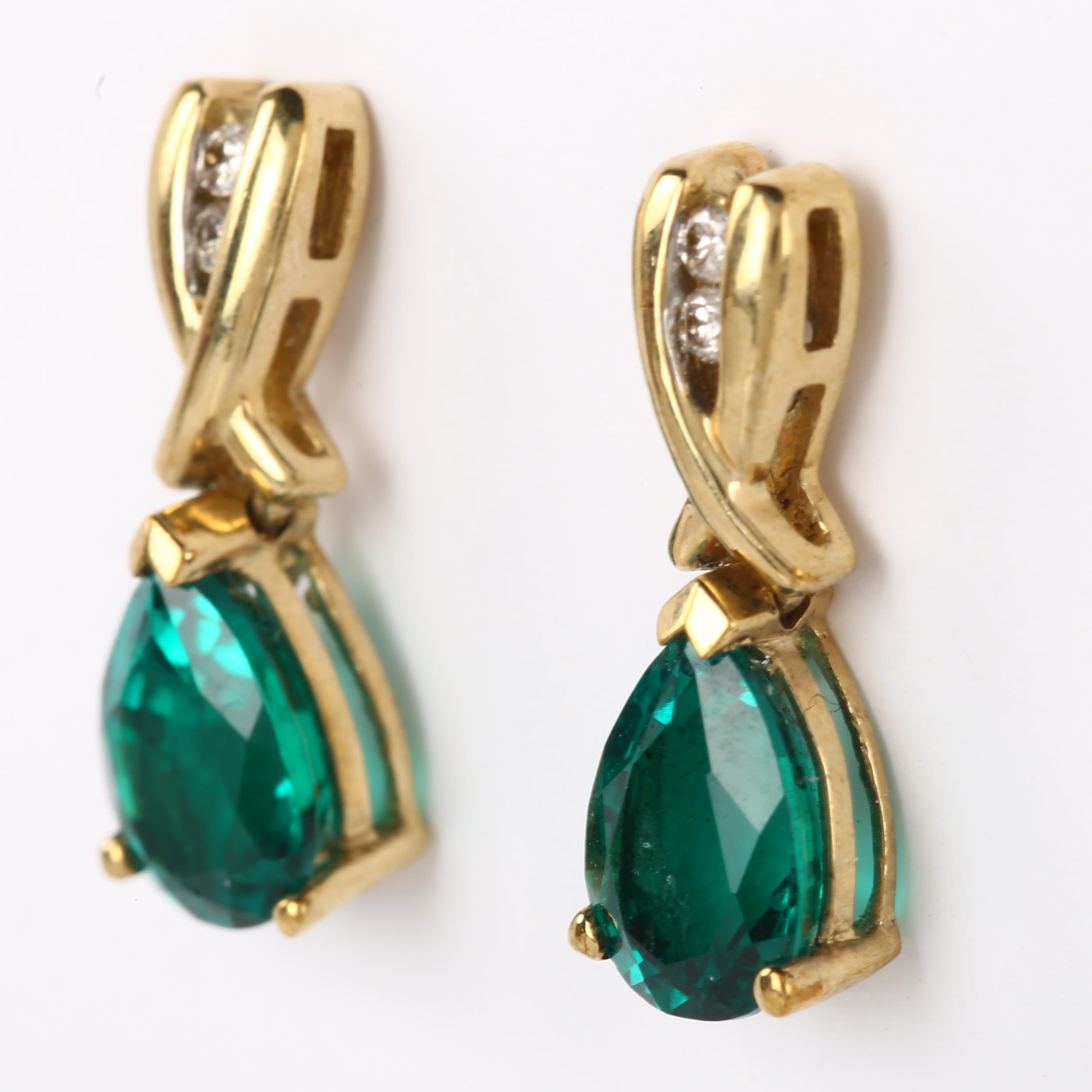 A pair of 9ct gold green quartz and diamond drop earrings, set with pear-cut quartz and modern round - Image 2 of 4