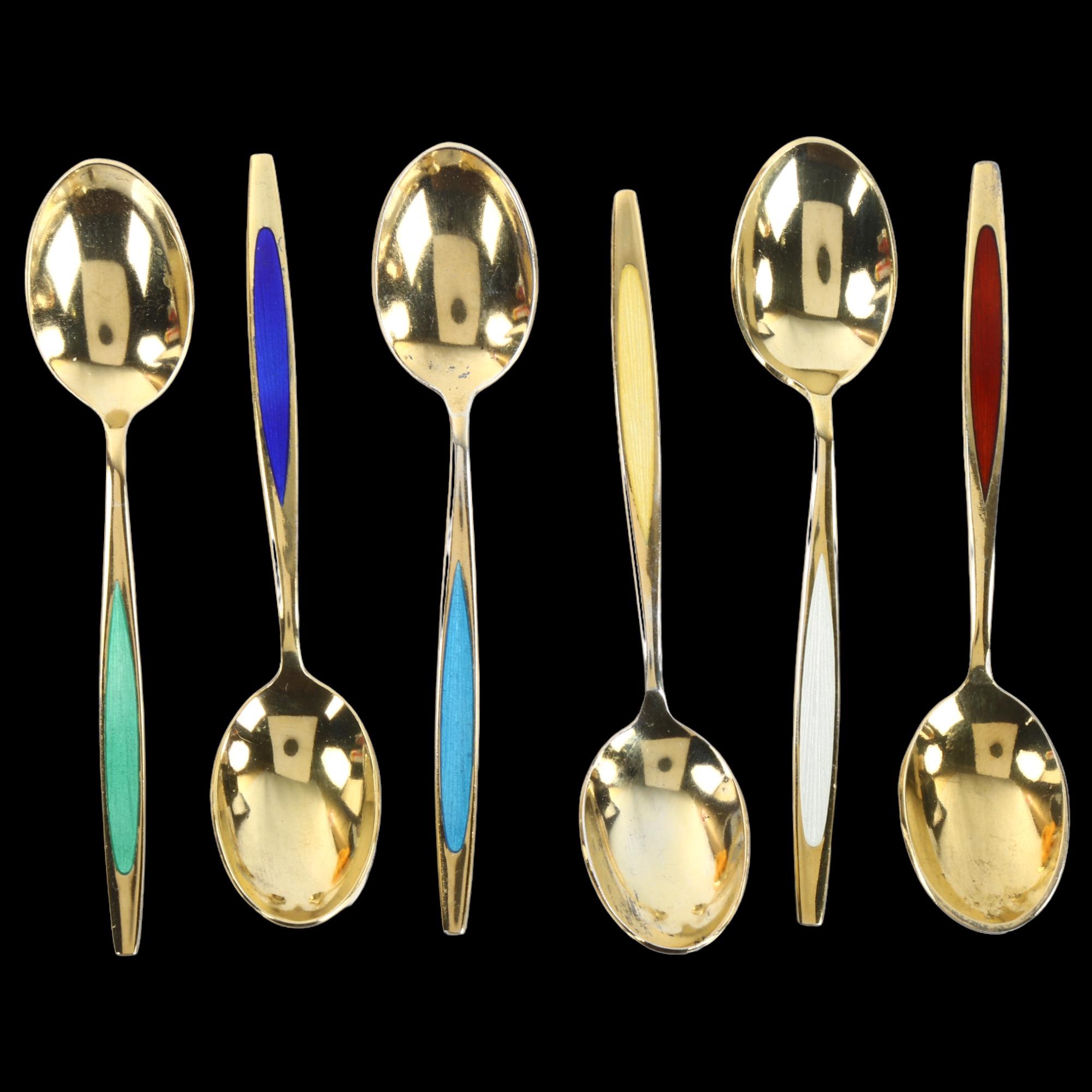 MEKA - a set of 6 Danish vermeil sterling silver and harlequin enamel coffee spoons, length 9.5cm No