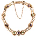 SUFFRAGETTE INTEREST - a 9ct rose gold amethyst peridot and pearl bracelet, hollow links set with
