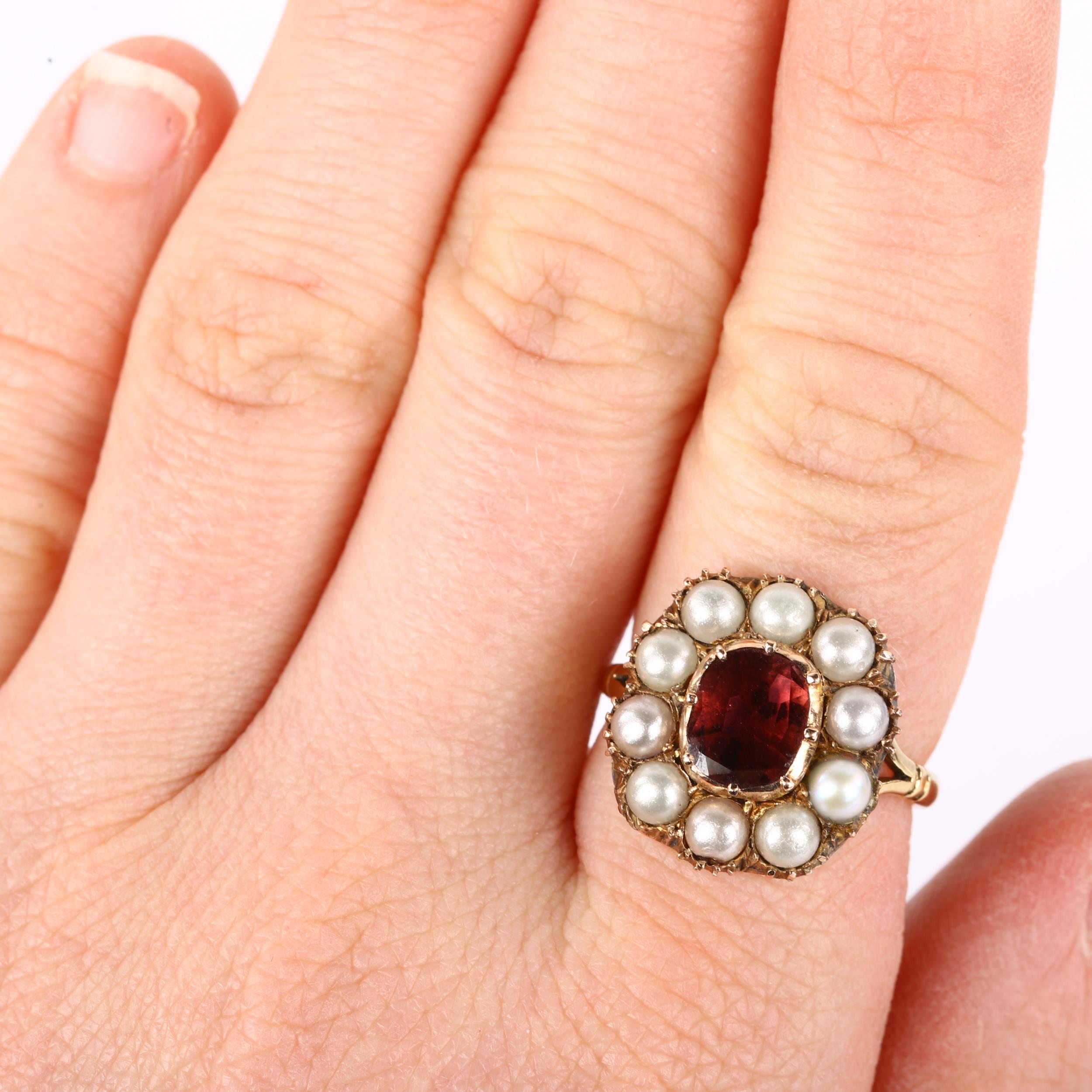 A Georgian flat-top garnet and split pearl cluster ring, 9ct gold closed-back settings, setting - Image 4 of 4