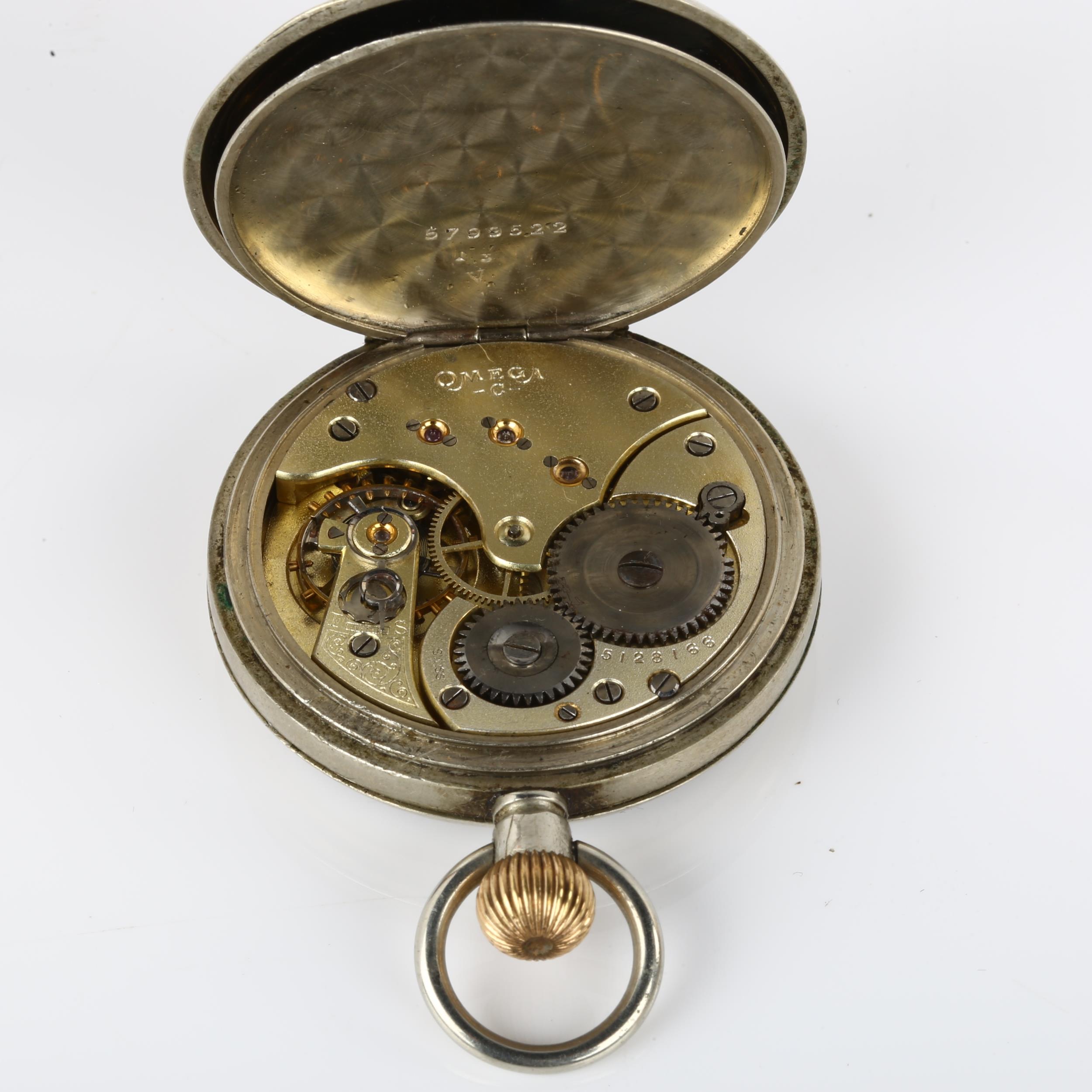 OMEGA - a chrome open-face keyless pocket watch, white enamel dial with Roman numeral hour - Image 5 of 5