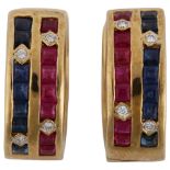 A pair of 14ct gold ruby sapphire and diamond hoop earrings, with English lock fittings, earring