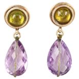 A pair of amethyst and lemon quartz drop earrings, unmarked gold settings with briolette amethyst,