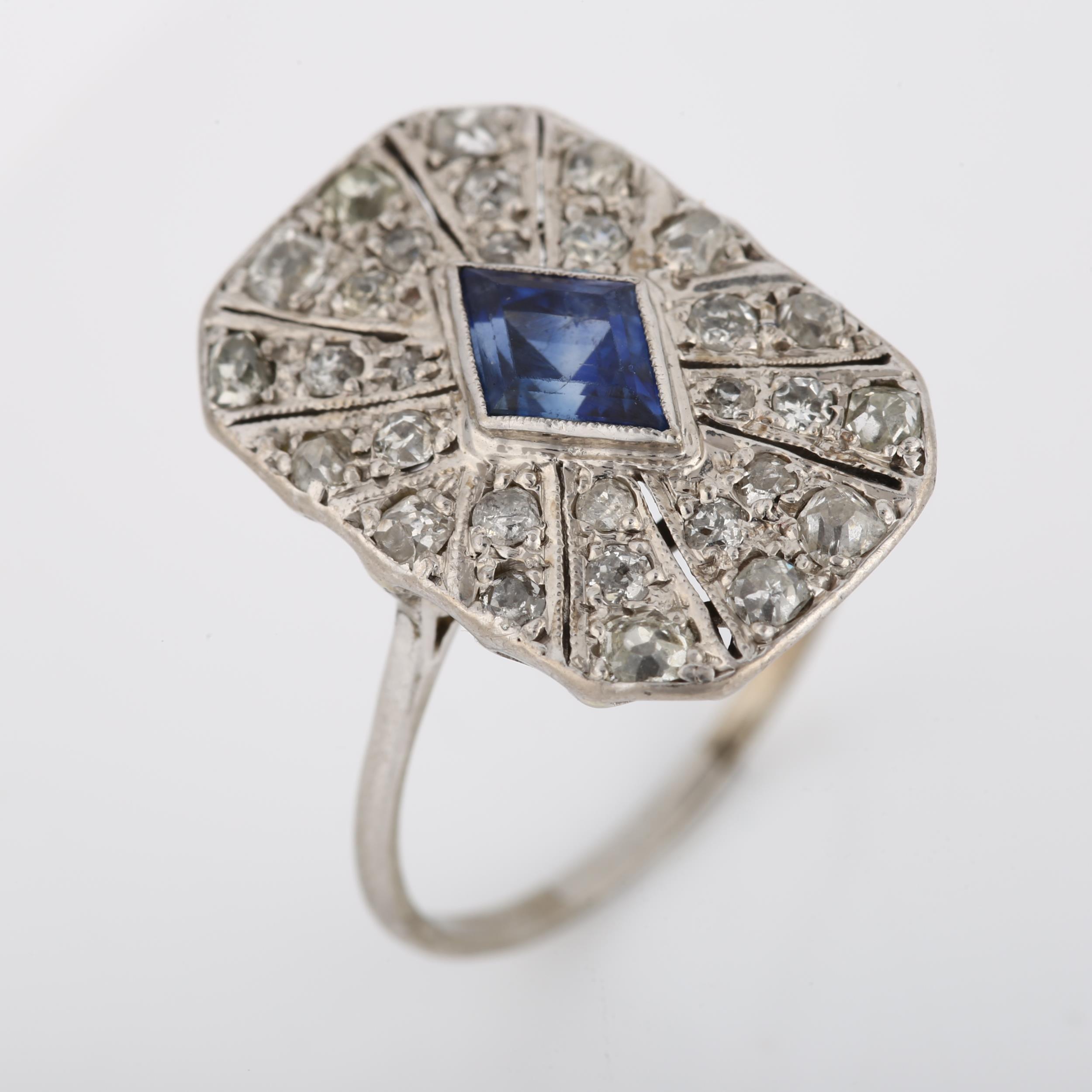 An Art Deco sapphire and diamond panel ring, unmarked white metal settings with lozenge step cut - Image 2 of 4