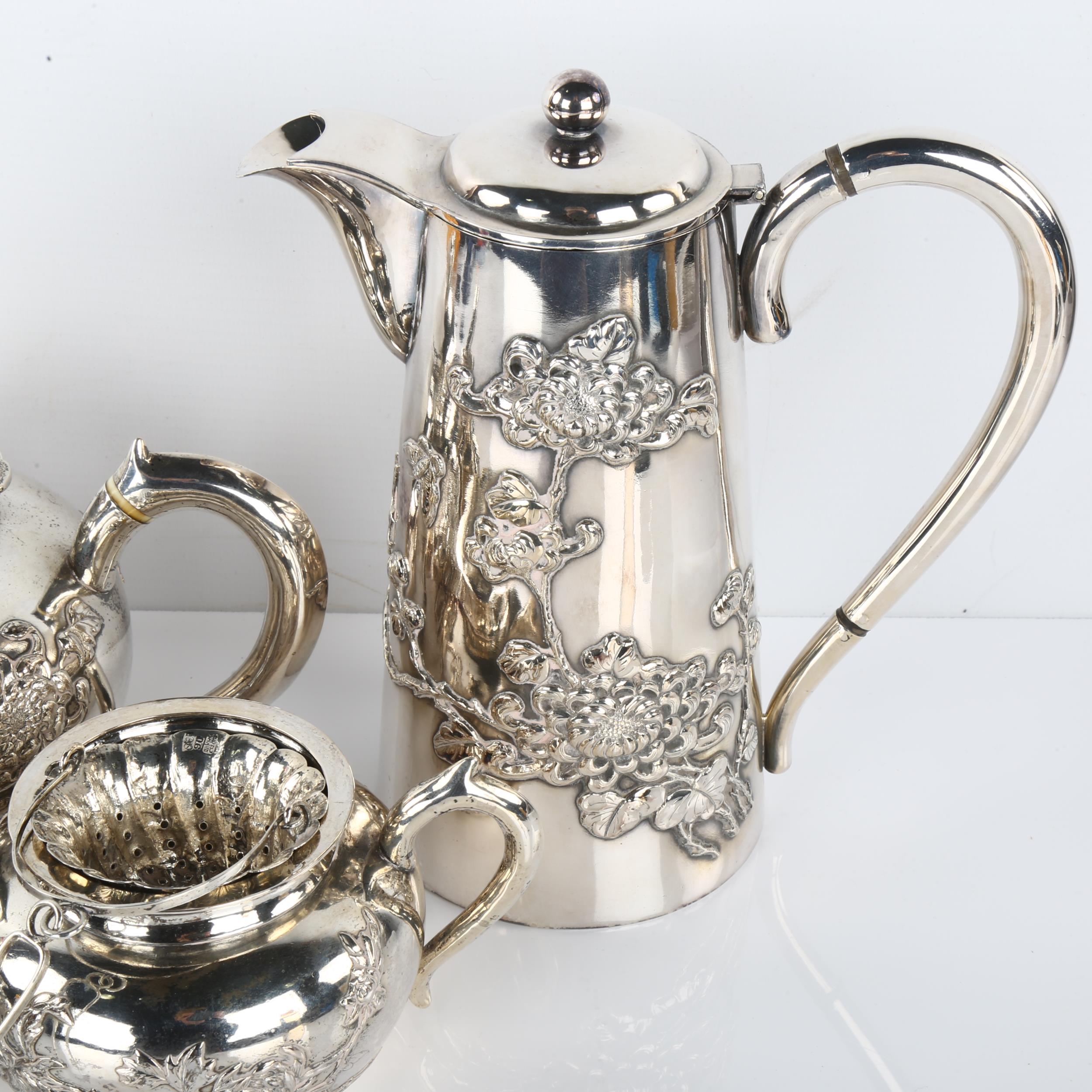 A Chinese export silver 5-piece matched tea set, comprising teapot, hot water jug, 2-handled sugar - Image 2 of 3