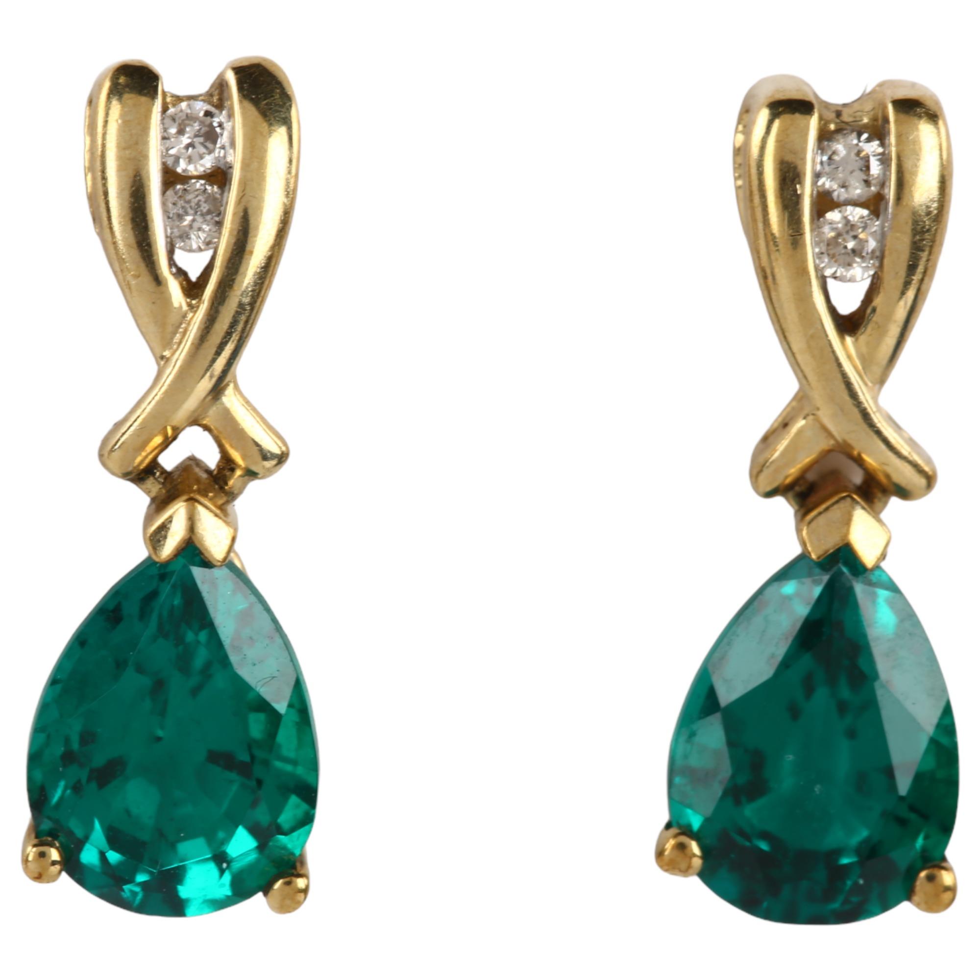 A pair of 9ct gold green quartz and diamond drop earrings, set with pear-cut quartz and modern round