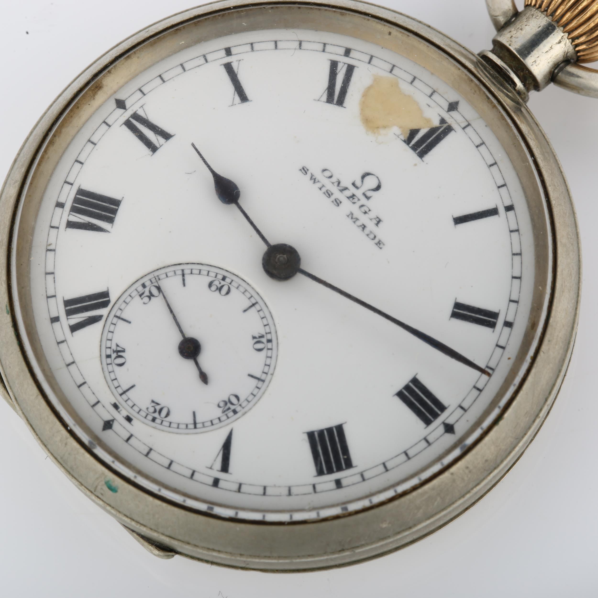 OMEGA - a chrome open-face keyless pocket watch, white enamel dial with Roman numeral hour - Image 2 of 5