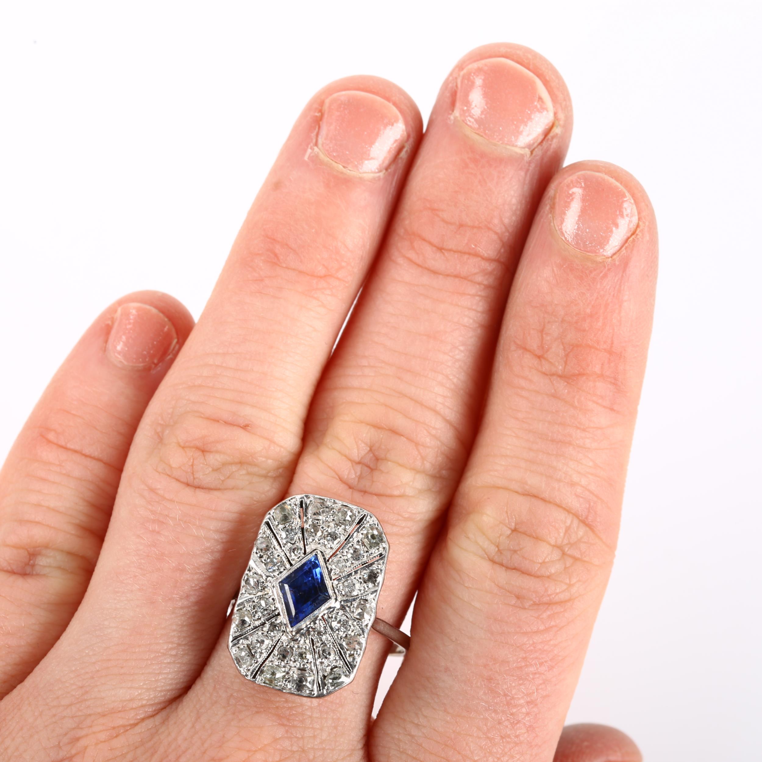 An Art Deco sapphire and diamond panel ring, unmarked white metal settings with lozenge step cut - Image 4 of 4