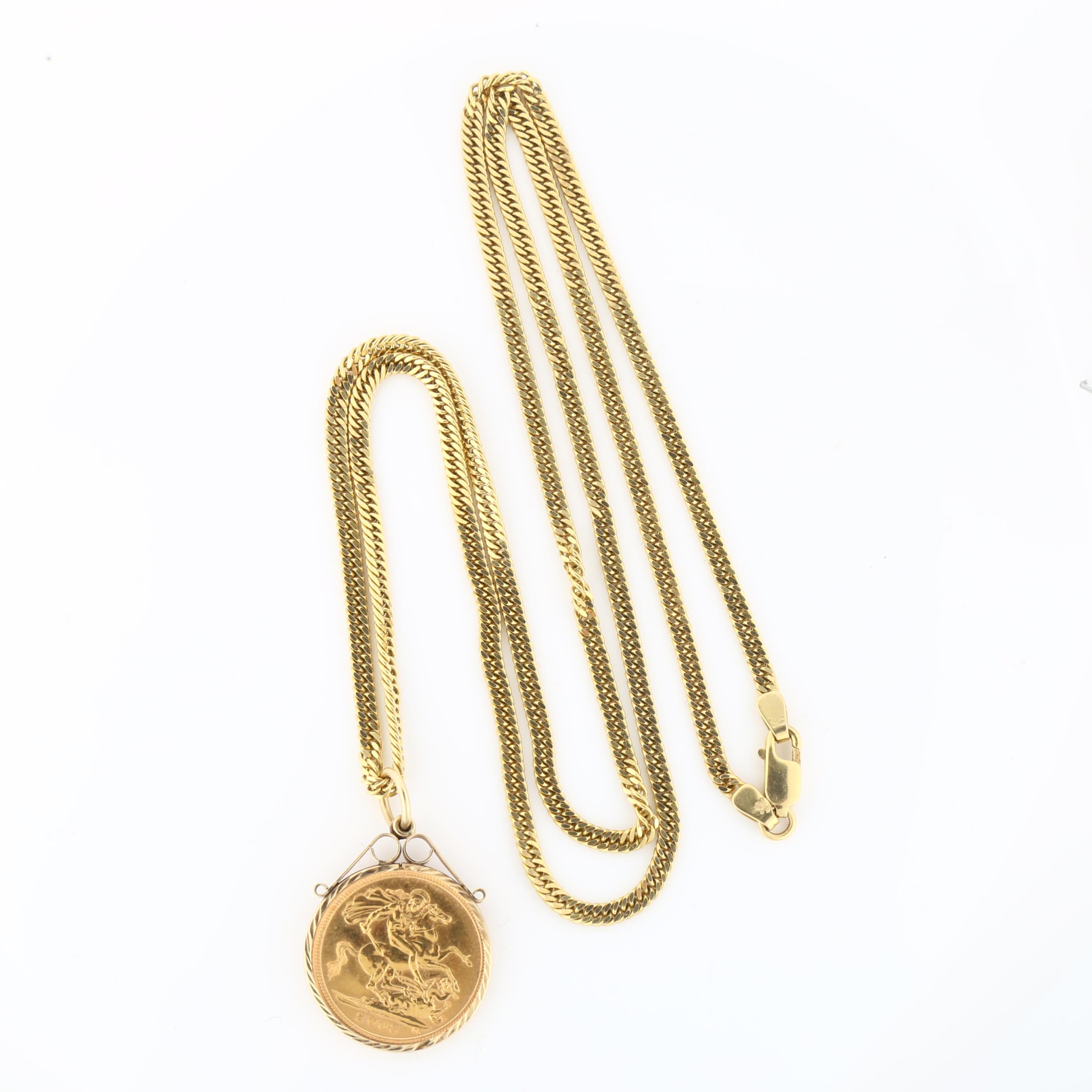 An Elizabeth II 2003 gold half sovereign coin pendant necklace, on 9ct herringbone link chain, - Image 2 of 4