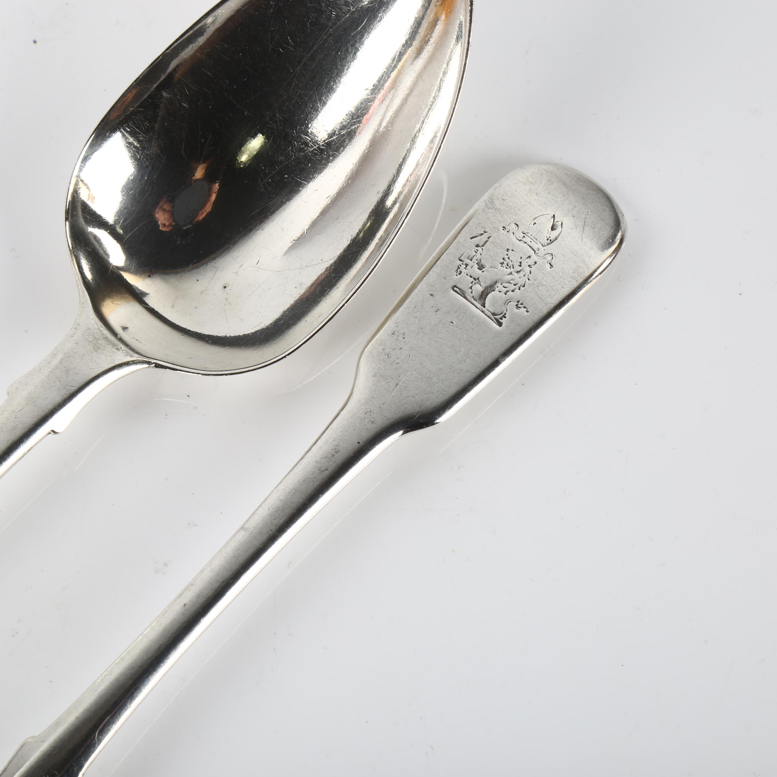 A pair of George III silver Fiddle pattern serving spoons, with Bishop's armorial crest, by - Image 2 of 3