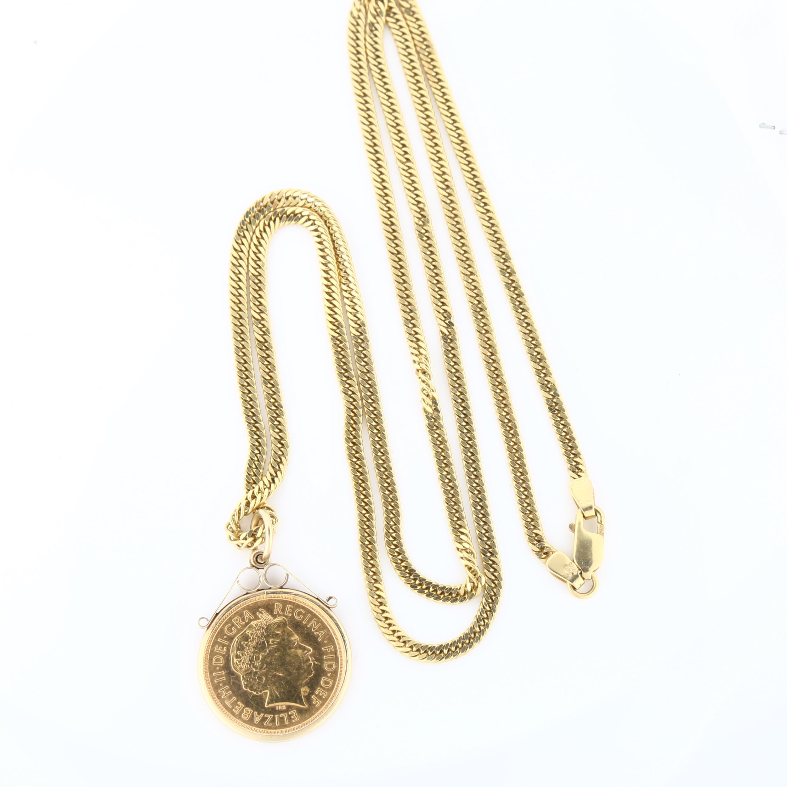 An Elizabeth II 2003 gold half sovereign coin pendant necklace, on 9ct herringbone link chain, - Image 3 of 4