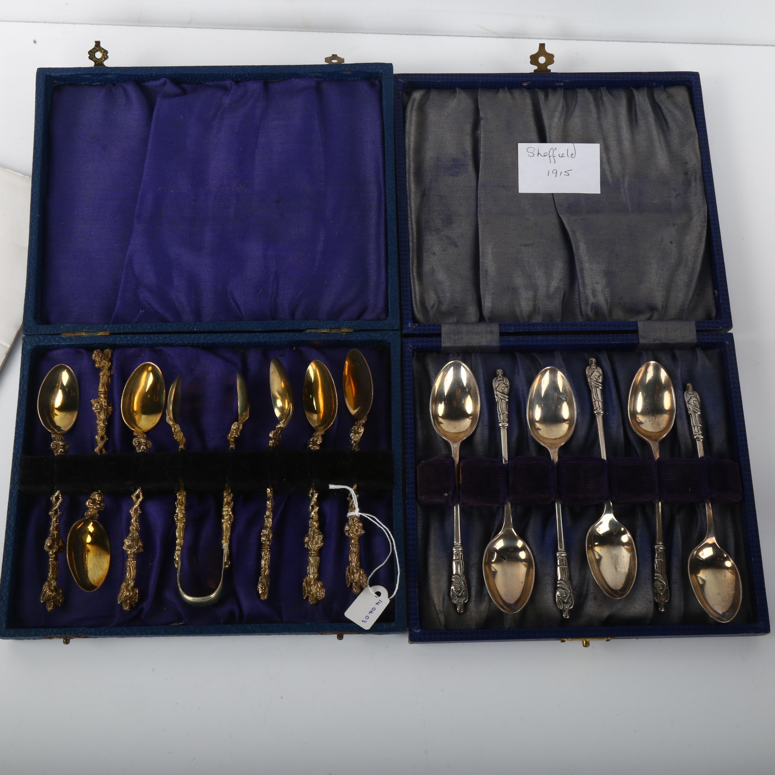 2 cased sets of silver Apostle teaspoons and sugar tongs, including Sheffield 1888 and 1915 No