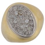 A large 18ct gold diamond signet ring, pave set with modern round brilliant-cut diamonds, maker's