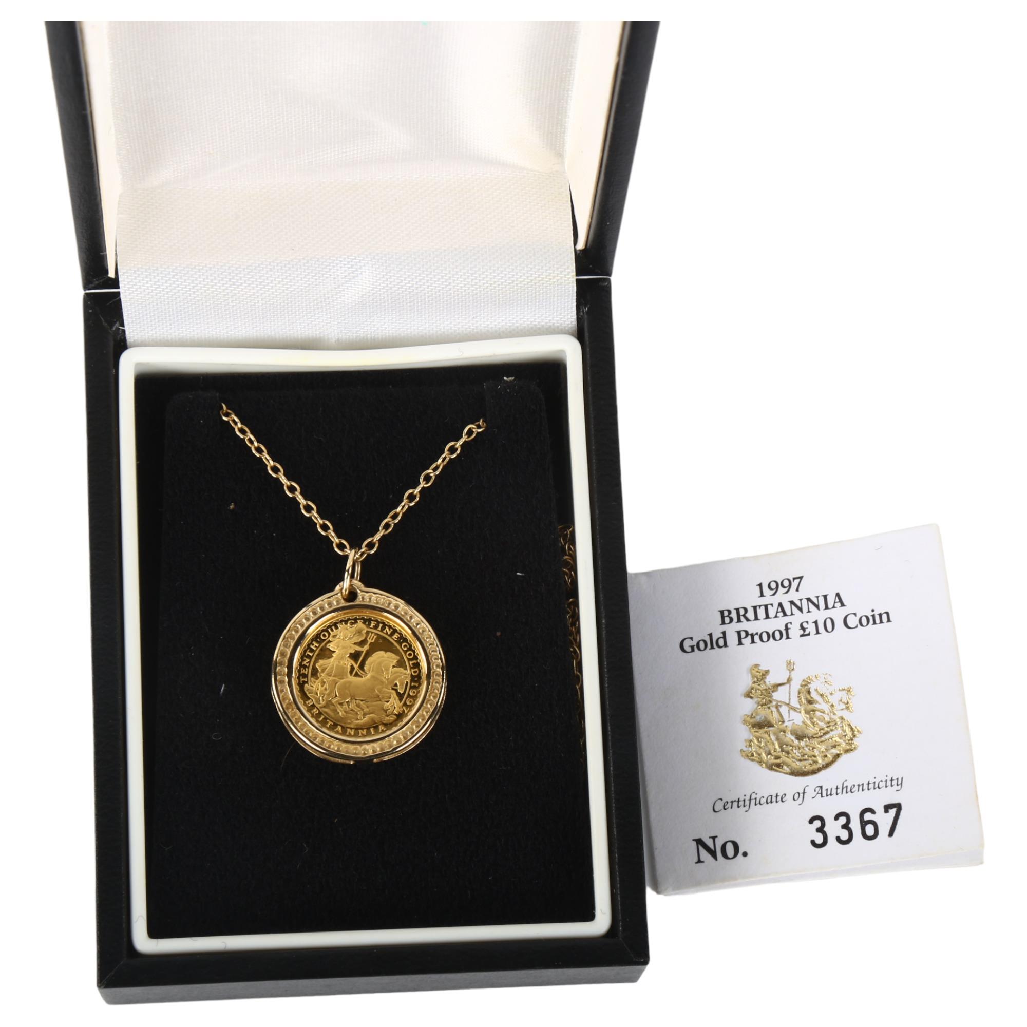 A 1997 Britannia gold proof £10 coin pendant necklace, chain length 44cm, 8.1g, limited edition