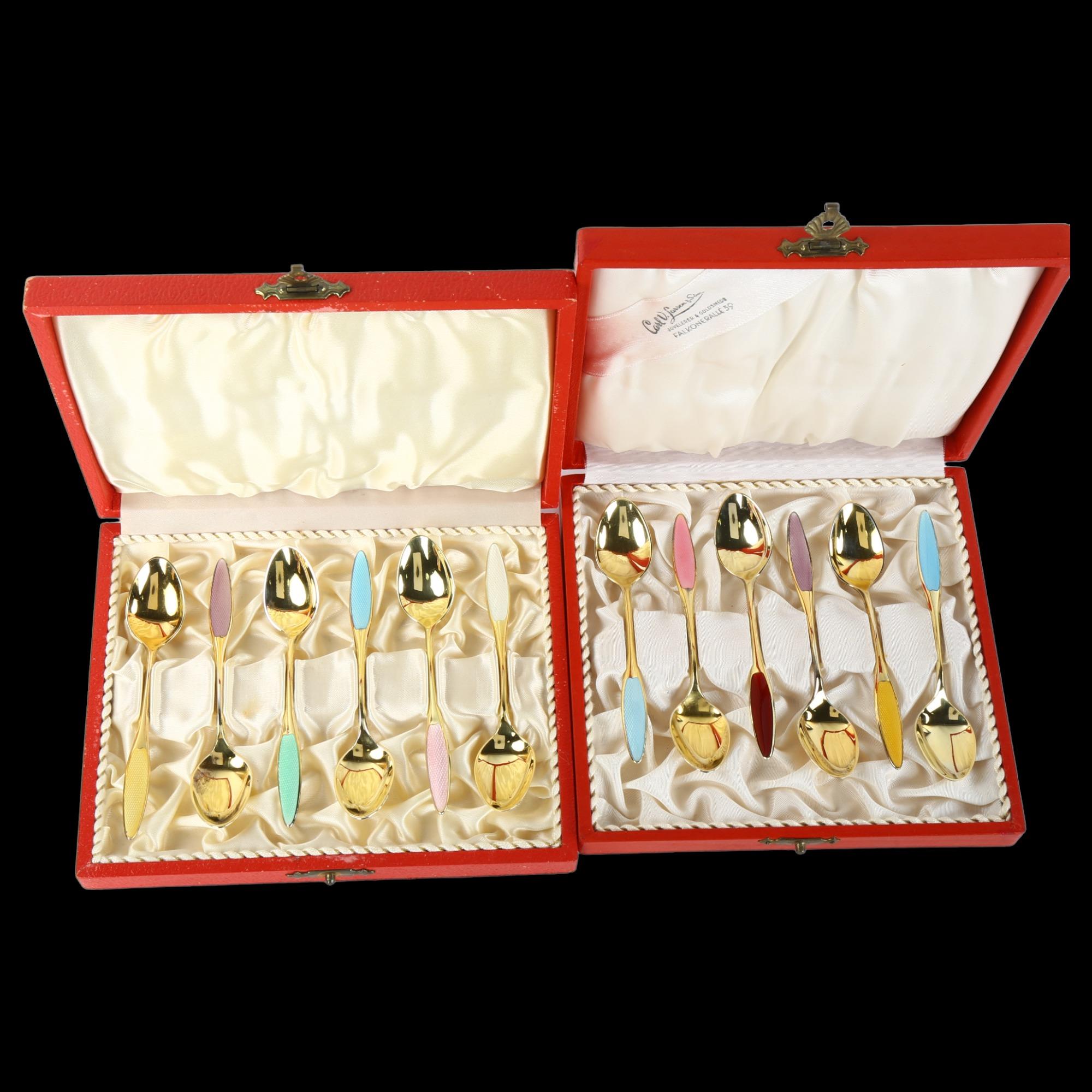 FRIGAST - a set of 12 Danish vermeil sterling silver and harlequin enamel coffee spoons, length 9.