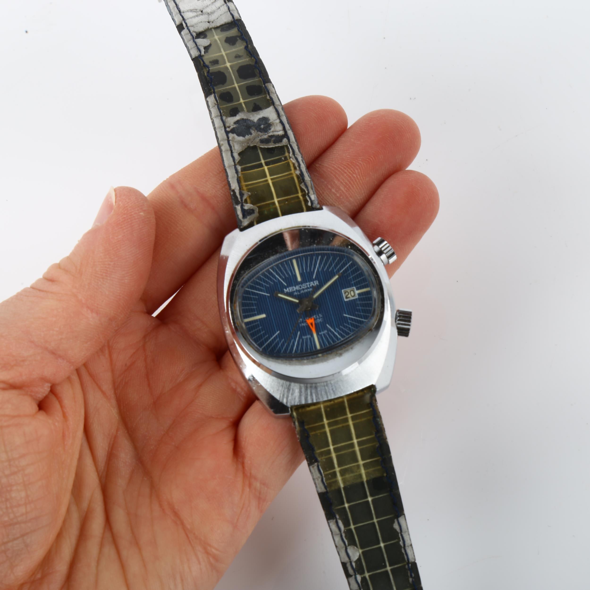 MEMOSTAR - a Vintage stainless steel alarm mechanical wristwatch, circa 1970s, oval blue dial with - Image 5 of 5