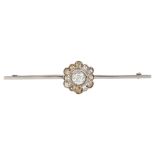 A diamond cluster bar brooch, unmarked gold settings with old European and old-cut diamonds,