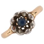 A 19th century sapphire and diamond cluster ring, unmarked gold and silver settings with round-cut