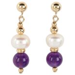A pair of 9ct gold amethyst and pearl drop earrings, set with whole pearl and amethyst bead, earring