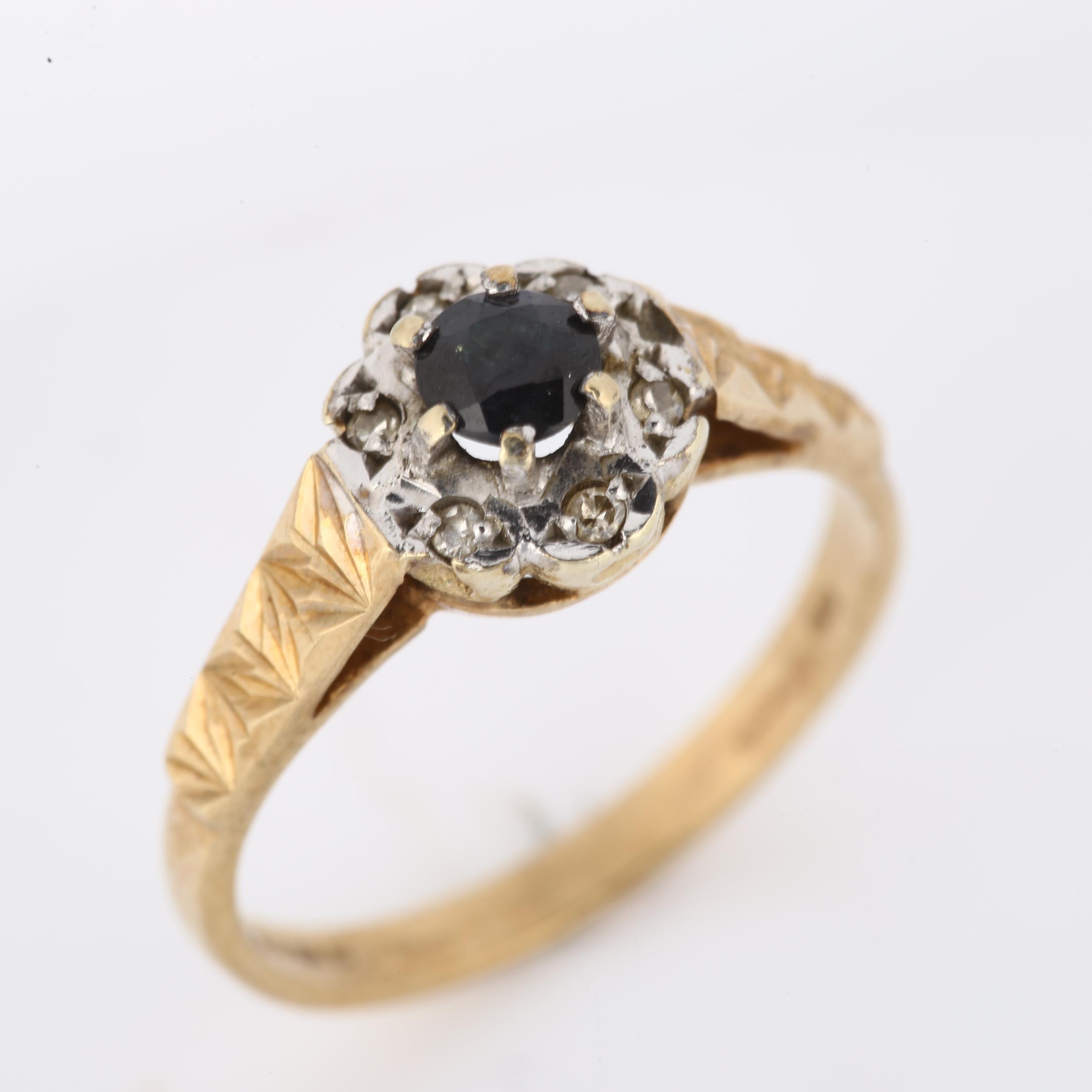 A late 20th century 9ct gold sapphire and diamond cluster ring, setting height 8.4mm, size M, 2.7g - Image 2 of 4