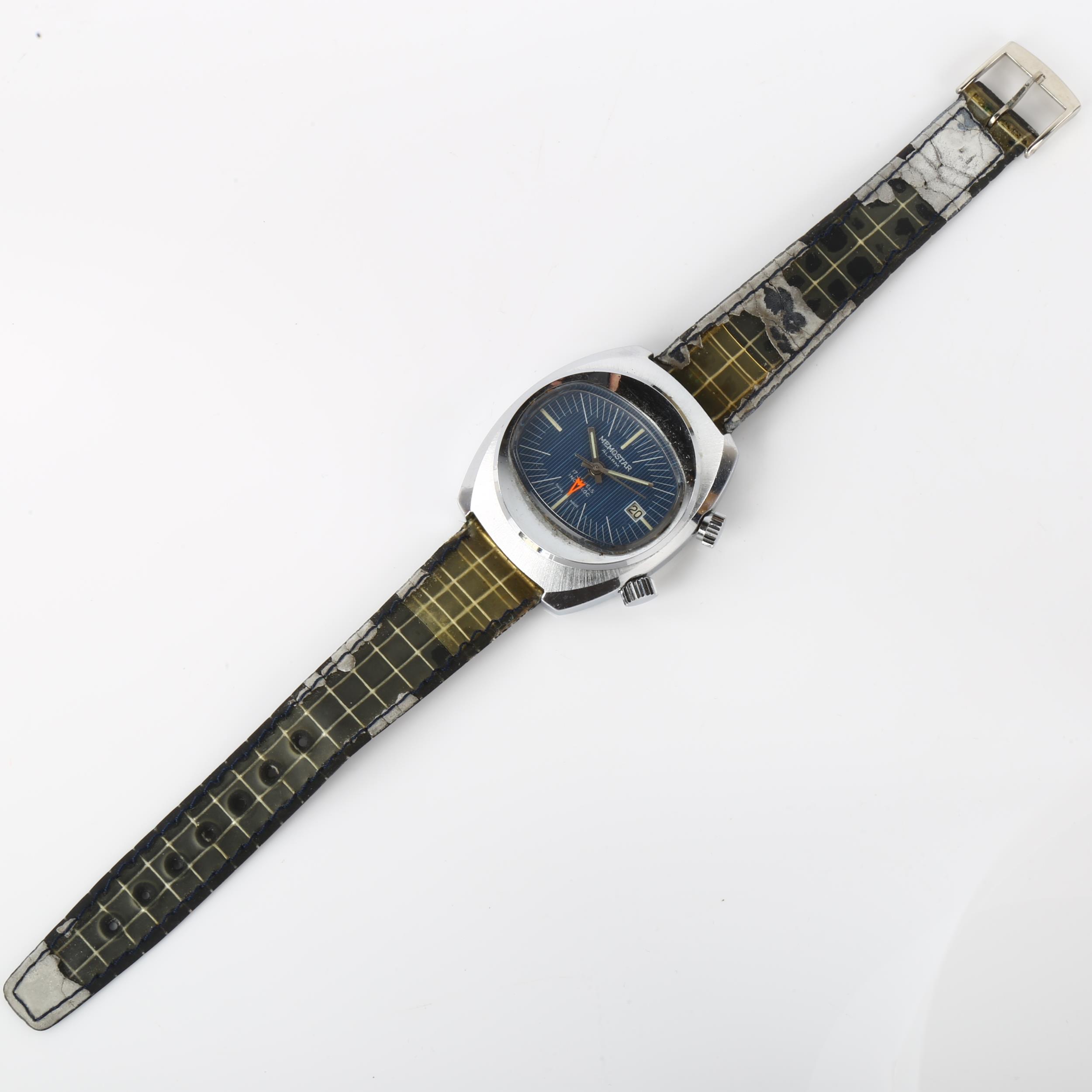 MEMOSTAR - a Vintage stainless steel alarm mechanical wristwatch, circa 1970s, oval blue dial with - Image 2 of 5