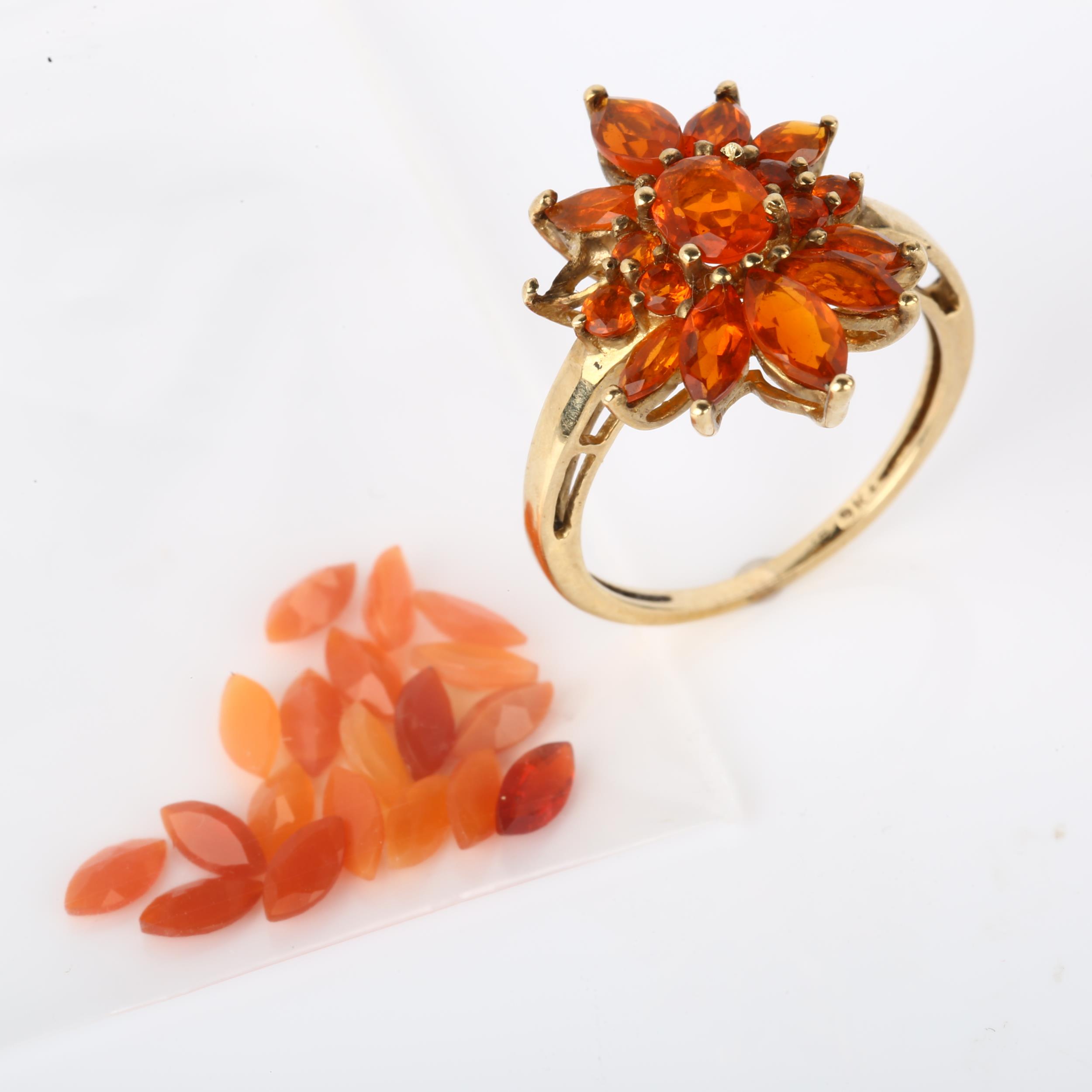 A modern 9ct gold fire opal cluster ring, setting height 18.8mm, size K, 2.8g, and a collection of - Image 2 of 4