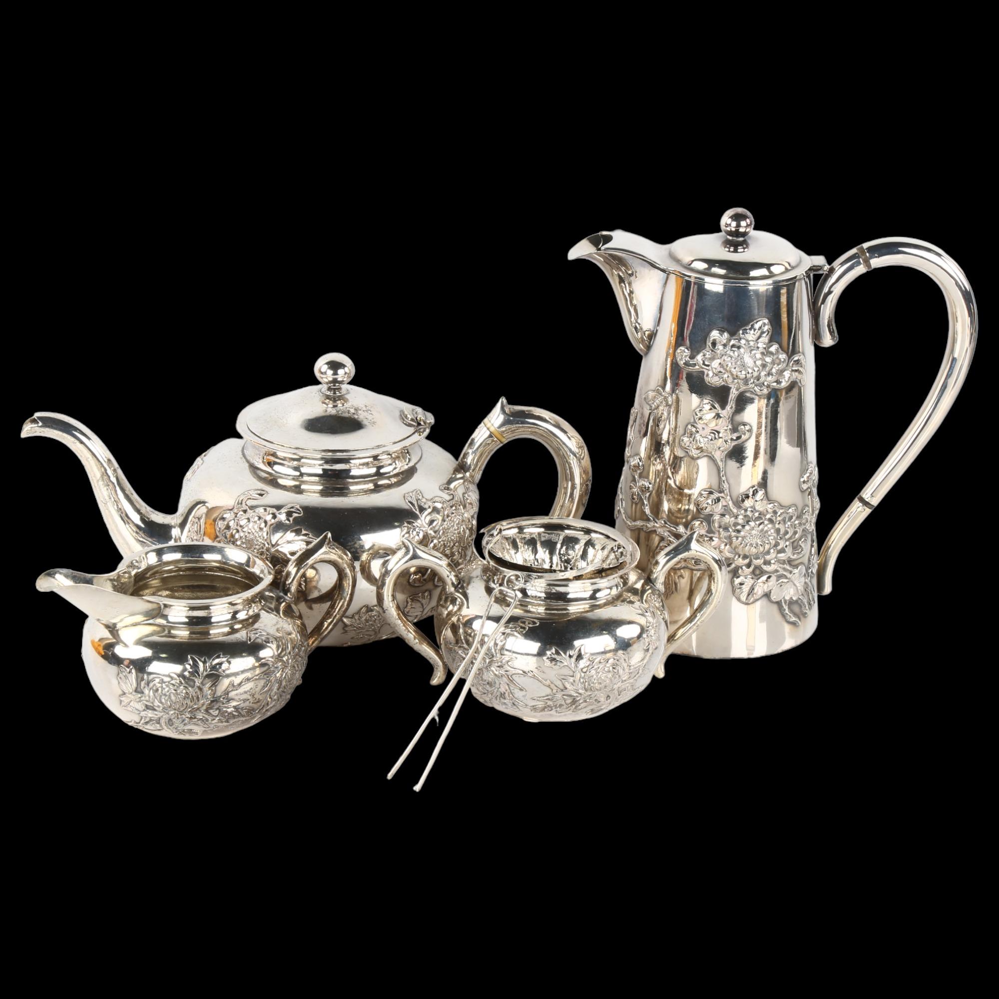 A Chinese export silver 5-piece matched tea set, comprising teapot, hot water jug, 2-handled sugar