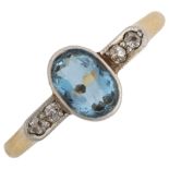 An Art Deco 18ct gold aquamarine and diamond dress ring, bezel set with oval mixed-cut aqua and