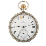 OMEGA - a chrome open-face keyless pocket watch, white enamel dial with Roman numeral hour