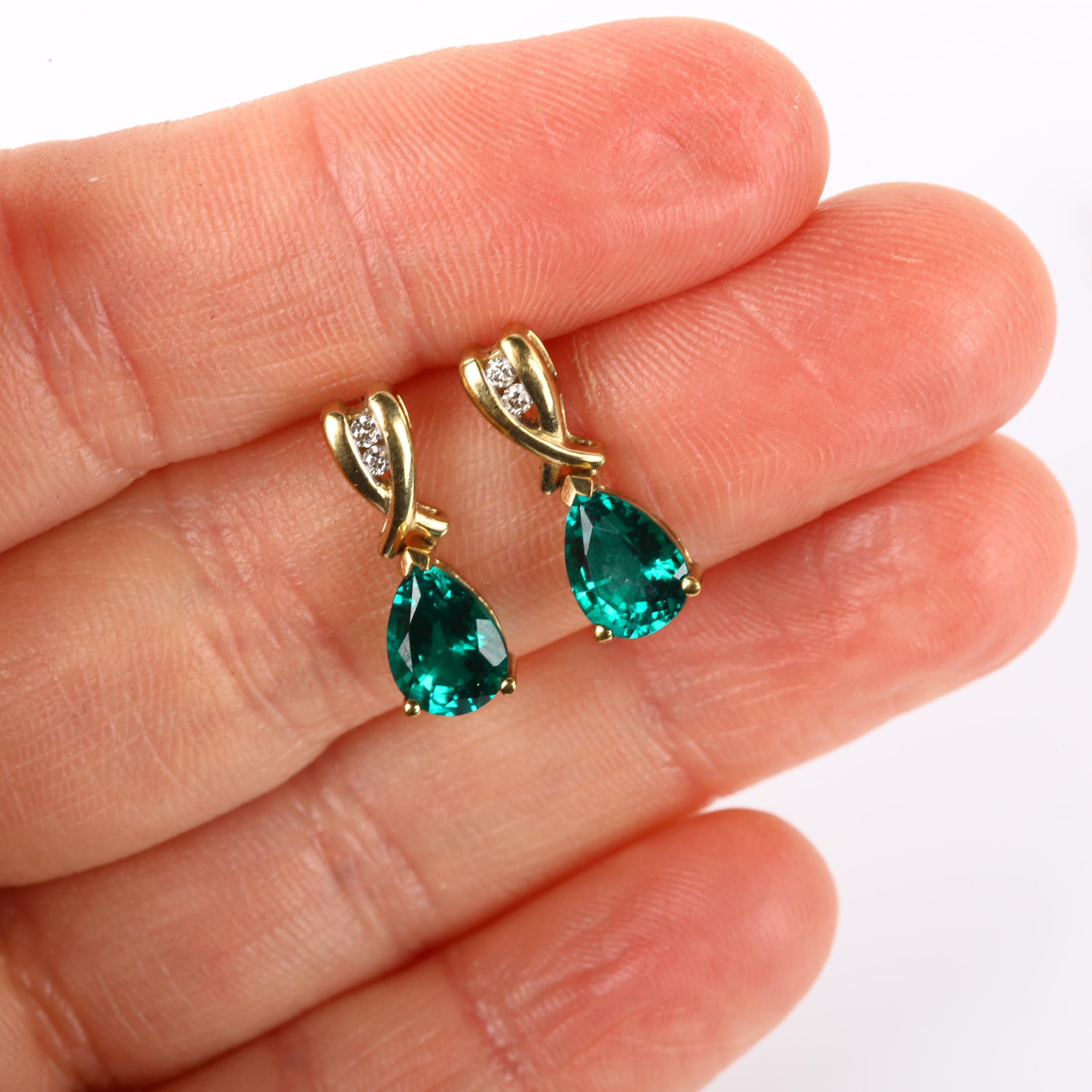 A pair of 9ct gold green quartz and diamond drop earrings, set with pear-cut quartz and modern round - Image 4 of 4