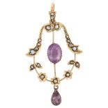 An Edwardian 9ct gold amethyst and pearl openwork pendant, pendant height 45.2mm, 2.1g No damage,