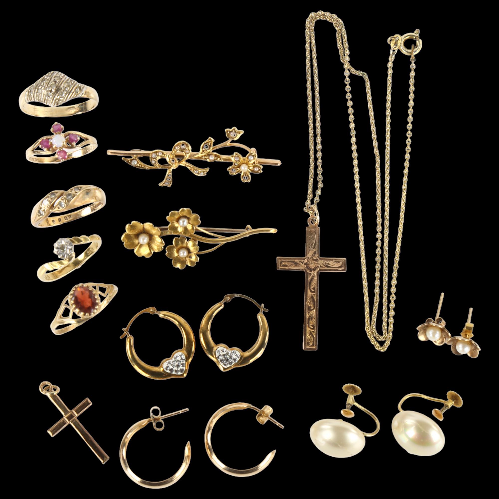 Various gold jewellery, comprising 18ct (2.5g), 15ct (5.3g), and 9ct (19.2g gross) Lot sold as