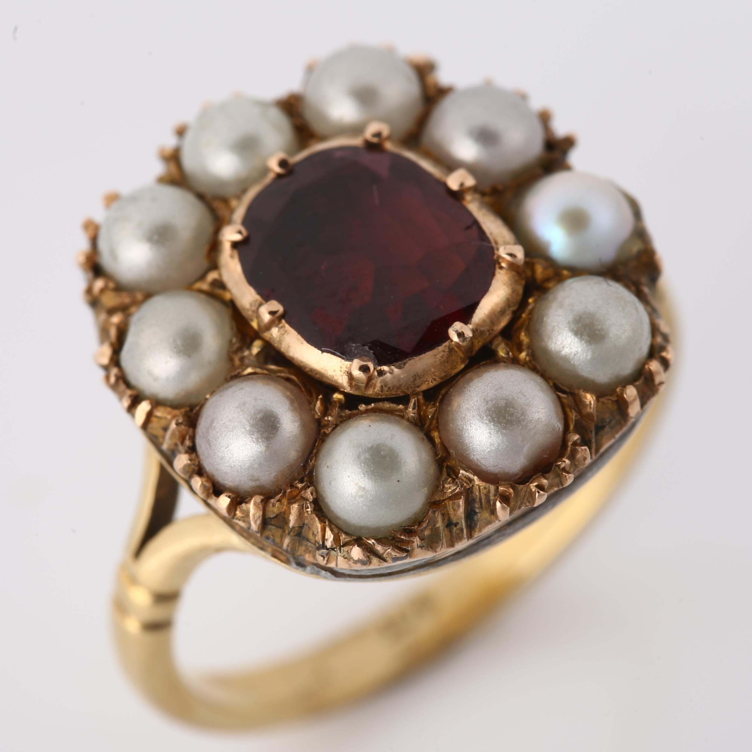 A Georgian flat-top garnet and split pearl cluster ring, 9ct gold closed-back settings, setting - Image 2 of 4