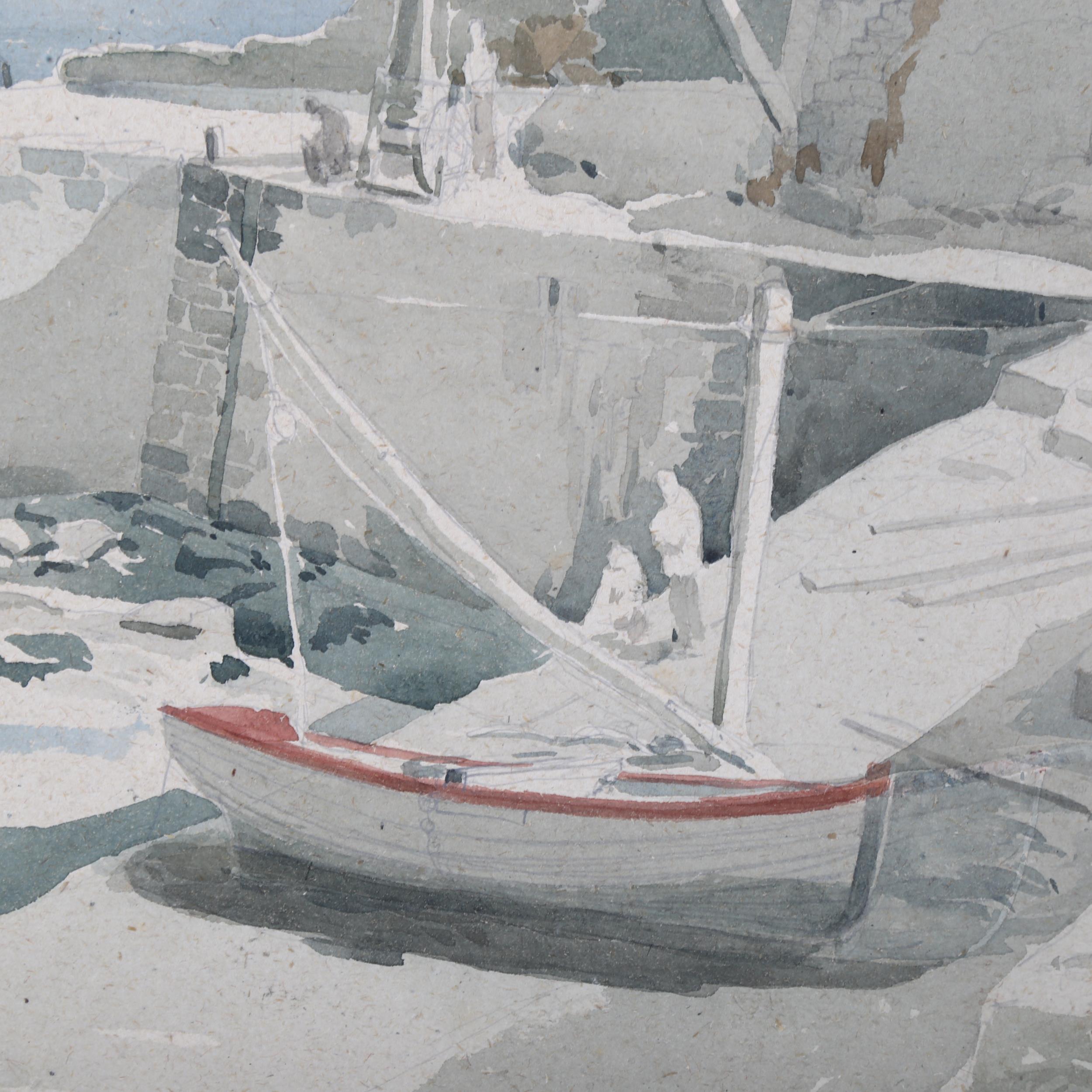 Arthur Kemp (1906 - 1968), moored boat and port, watercolour/pencil, 32cm x 44cm, unframed, - Image 2 of 4