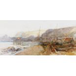 19th century English School, Hastings beach scene, watercolour, unsigned, 23cm x 47cm, mounted