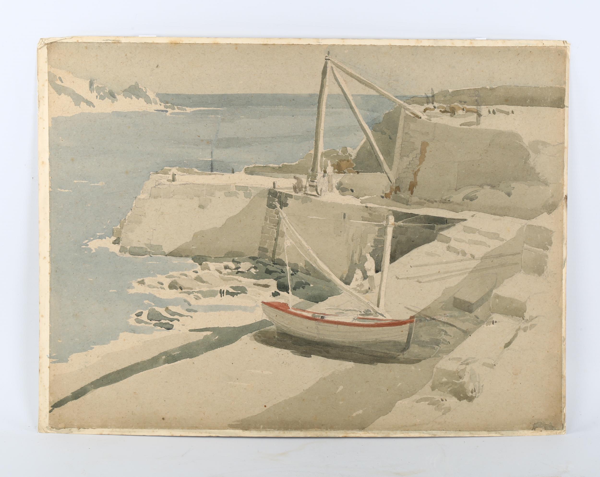 Arthur Kemp (1906 - 1968), moored boat and port, watercolour/pencil, 32cm x 44cm, unframed,