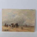 19th century English School, horses and riders on the beach, watercolour, unsigned, 20cm x 29cm,