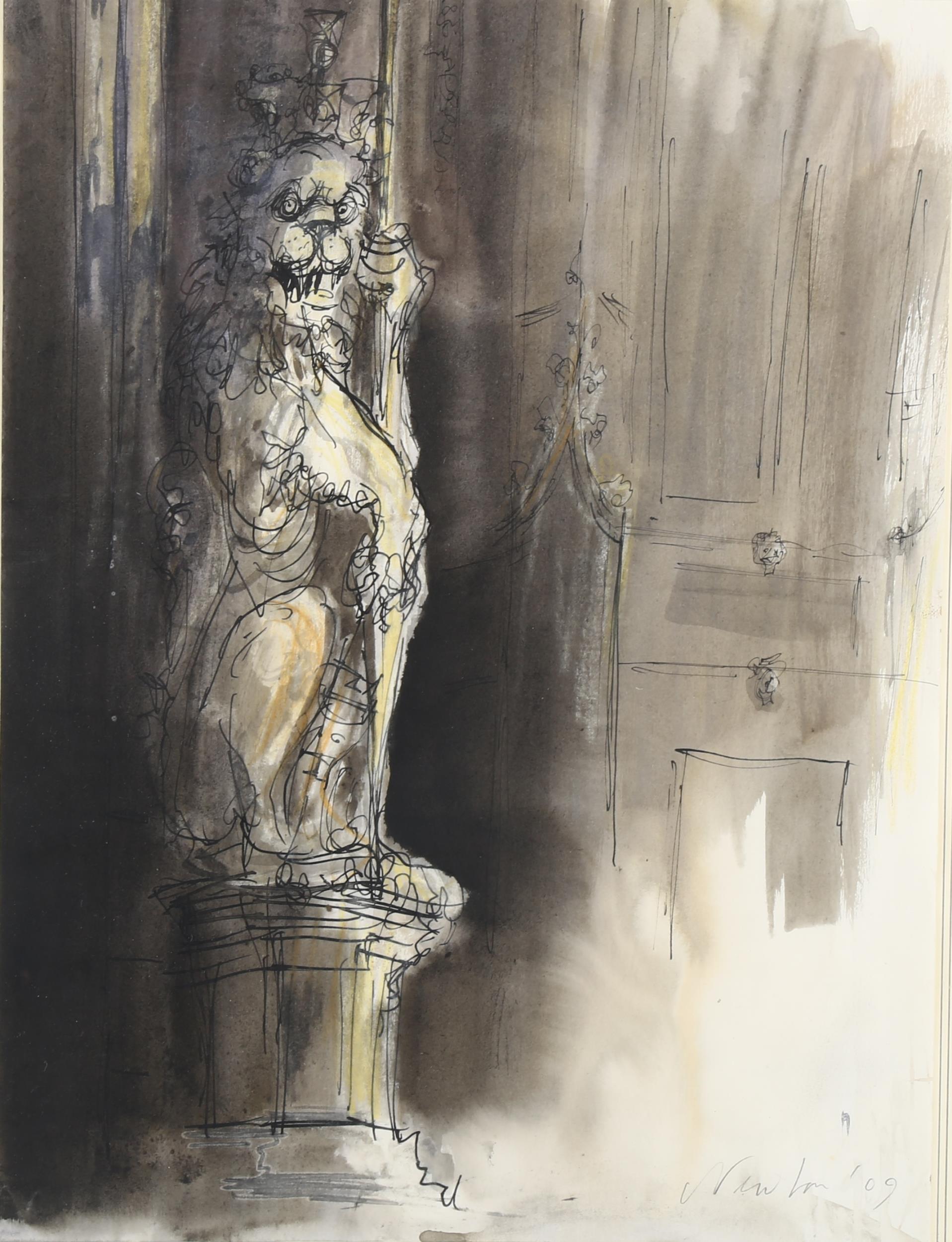 Trevor Newton, heraldic lion statue, watercolour/ink, signed and dated '09, 37cm x 27cm, framed