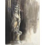 Trevor Newton, heraldic lion statue, watercolour/ink, signed and dated '09, 37cm x 27cm, framed