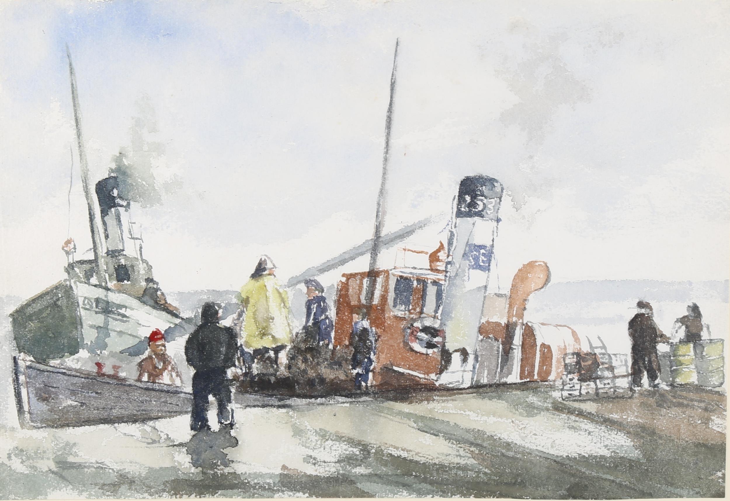 20th century British School, boats in harbour, watercolour, unsigned, 26cm x 36cm, framed