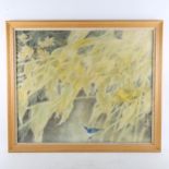 Chinese School, watercolour, bird and foliage with text inscription, 55cm x 66cm, framed