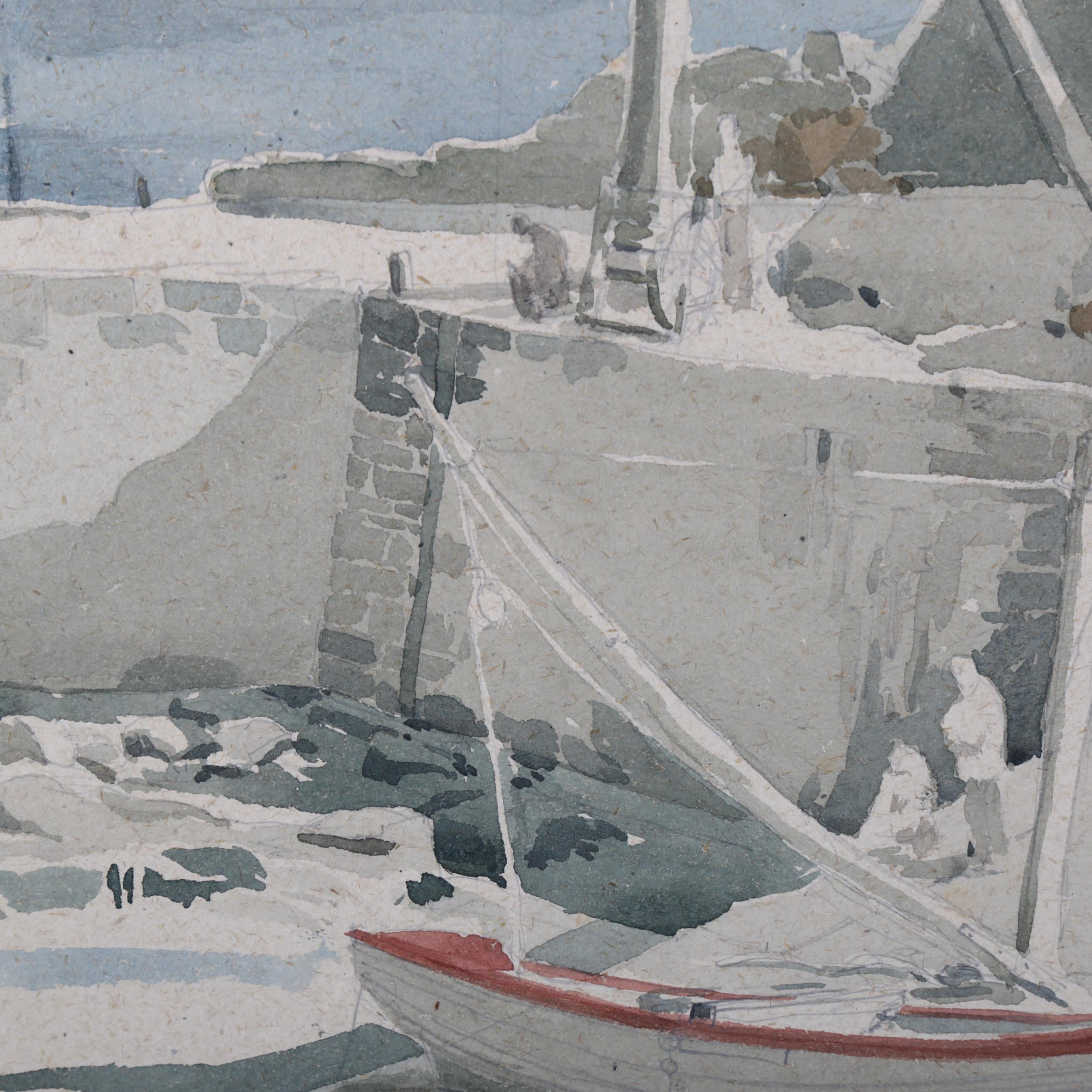 Arthur Kemp (1906 - 1968), moored boat and port, watercolour/pencil, 32cm x 44cm, unframed, - Image 3 of 4