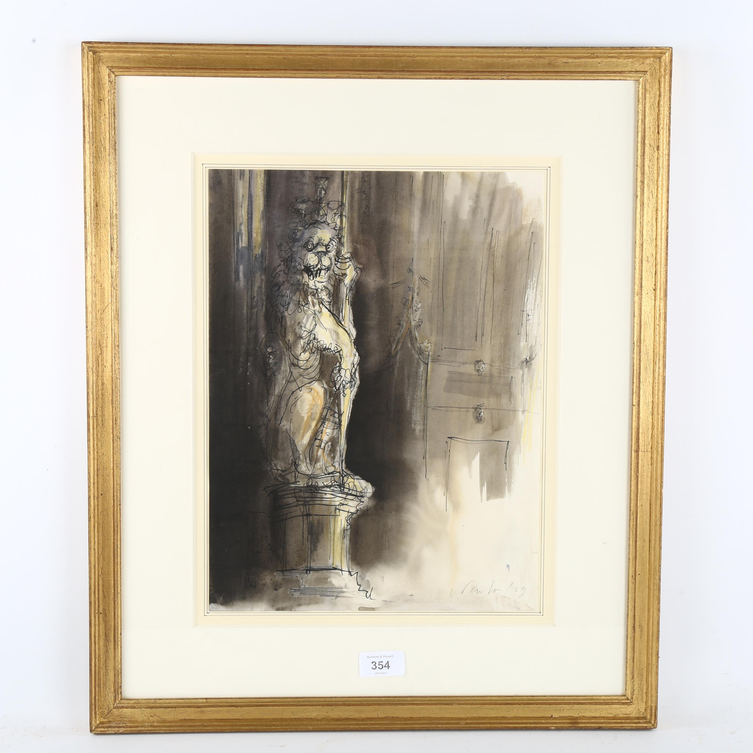 Trevor Newton, heraldic lion statue, watercolour/ink, signed and dated '09, 37cm x 27cm, framed - Image 2 of 4