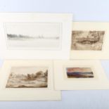 Muirhead Bone (1876 - 1953), river scene, Rouen, signed, 16cm x 35cm, together with 3 other 19th
