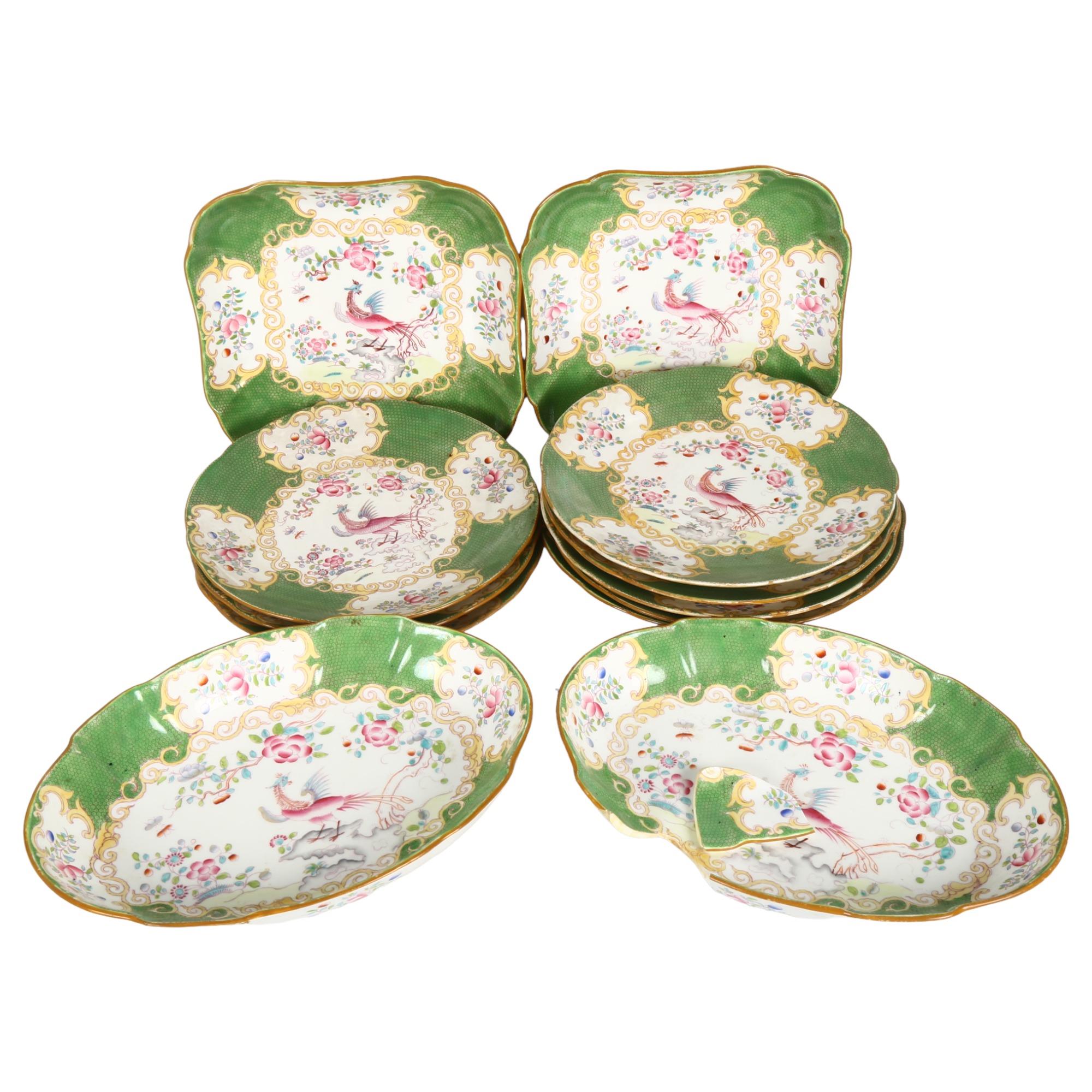 An Edwardian Minton's dessert set, comprising 8 plates and 4 serving dishes, with bird of paradise